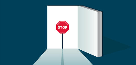 Cartoon image of an open book with a stop sign on the front page