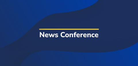 Blue background with white text "News Conference"