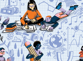 An abstract illustration of children doing schoolwork on a blue background