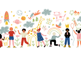 Illustration of childen drawing flowers, animals, insects and plants.