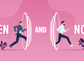 Illustration of a man running through a portal on a pink background 