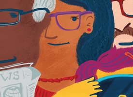 Illustration by Gela Cabrera Loa of 3 adults of different generations with one GenZ in cool shades