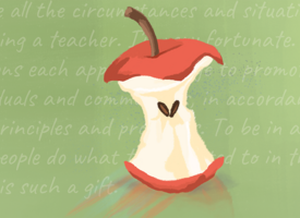 Illustration of an apple core in front of a green background with obscured written text