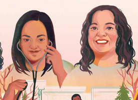 Illustration of 3 women and a man one wearing a stethoscope 