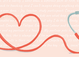 Illustration of a red stethoscope with cord making a heart in front of a pink background with written text.