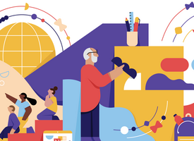 Illustrated collage of children and a teacher by Mateusz Napieralski