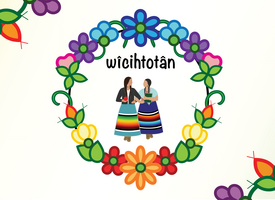 Illustration of two women wearing ribbon skirts circled by wreath of flowers
