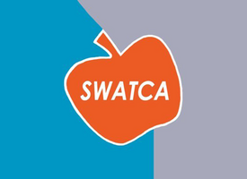 Red apple logo for South Western Alberta Teachers' Convention and  blue and grey background