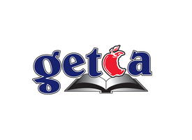 Greater Edmonton Teachers' Convention Association logo of a red apple replacing the c in the acronym with sitting atop of a book