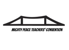 Black and white graphic of a bridge with Mighty Peach Teachers' Convention underneath