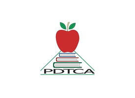 Red apple on a stack of three books with the acronym of Palliser District Teachers' Convention Association