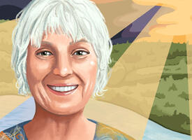 Illustration of women with short grey hair standing in front of a prairie field with the sun setting in the background.