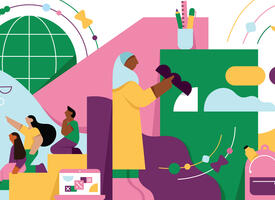 Illustration of teachers and students in an abstract geometric space