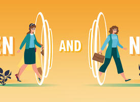 Illustration of a women walking through a portal on an orange background