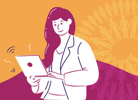 Line illustration of a women holding a laptop in front of an orange and pink background