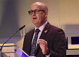 Alberta Teachers' Association president Jason Schilling speaks at the Annual Representative Assembly on May 20, 2023.