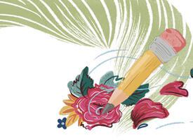 Cartoon image of a pencil and flowers