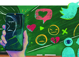 Cartoon image of a cell phone against drawings on a chalk board