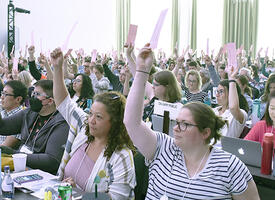 Attendees at the ARA vote on a resolution