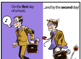 Side by side cartoon images of a teacher on day one versus day two
