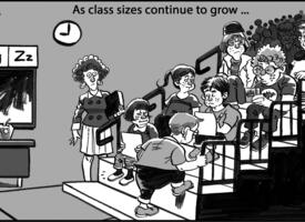 A teacher standing by a chalkboard and desk watches a student climb the bleachers in an overcrowded classroom.