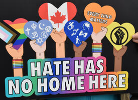 Poster of 6 raised arms holding hearts depicting different types of diversity concerns and the text below saying "Hate has no home here" 