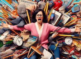 A teacher appears stressed by an overwhelming amount of school-related material