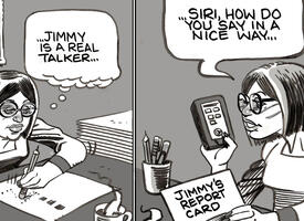 A teacher needs help from Siri to complete a report card