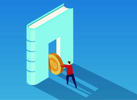 Illustration of a person pushing a coin through a standing book