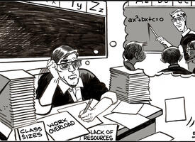 Teacher doing admin work while dreaming of teaching