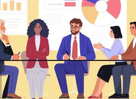 Illustration of individuals sitting at a table with pie charts on the wall.