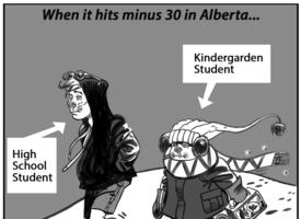 Two students walking in the snow. Arrows point to them individually. On the left is a "high school student" according to the arrow. The second student on the right is labeled "Kindergarten student." The title of the cartoon is "When it hits minus 30 in Alberta..." The high school student is wearing shorts and flip-flops in the snow. The kindergarten student is wearing all the winter gear, scarf, mittens, hat, ear muffs, etc.