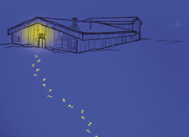 A blue background with green footprints headed to a building a long distance away