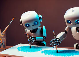 Two robots at a table, painting on a canvas. The robots are white with blue eyes. The robot on the left is looking at the robot on the right, trying to copy its style. 