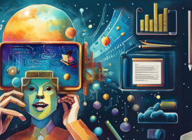 An illustration of a human-like being with a screen on their head. There are planets, pencils and graphs in the background.