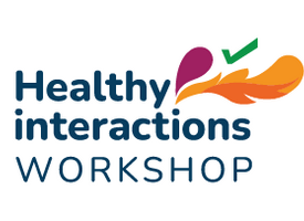 Dark blue text reading "Healthy interactions workshop," each word under the other. At the top next to the word "healthy" is an orange feather and a green check mark.