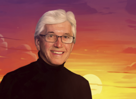 A man wearing glasses dressed in black. The man has white hair and is standing in front of a sky with clouds and the sun. The sky is purple, red, yellow, and orange. This is a digital painting. 