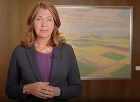 A brunette woman wearing a navy jacket and a purple top standing in front of a wood panel wall with a painting of farm fields from the perspective of a plane.