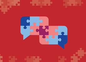 Red graphic for central table, two speech bubbles built with puzzle pieces