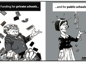 Split illustration of funding falling abundantly for private schools, and sparsely for public schools