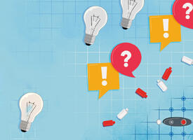 A dusty light blue background with thought bubbles in yellow, and red with exclimation and question marks within. A few cartoon lightbulbs and grid are drawn over the background. There is also two cartoon plastic battleships.