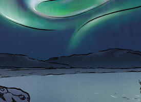 illustration of 2 people watching the aurora in the sky