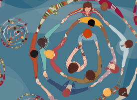 Illustration of groups holding hand in a circles within a circle