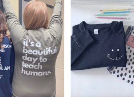 the backs of two people wearing t-shirts with creative phrases