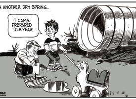Cartoon depicting children playing with toy camels instead of toy boats due to dry spring