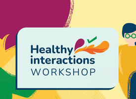 Healthy interactions logo with illustration of three people looking at each other