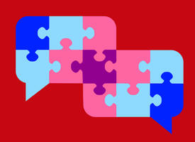 Cartoon image of puzzle pieces in speech bubbles