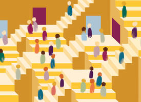 Numerous people ascending and descending a maze of stairs