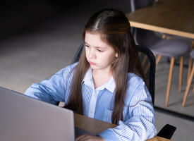 A young girl looks at a computer screen