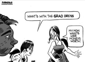 A student wears her grad dress to class